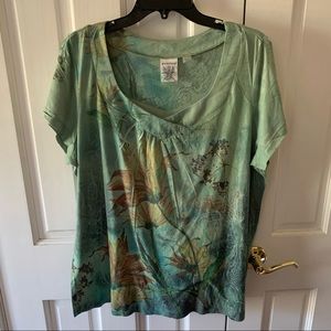 AVENUE Plus Size 18/20 Green Cap Sleeve V-Neck Tee